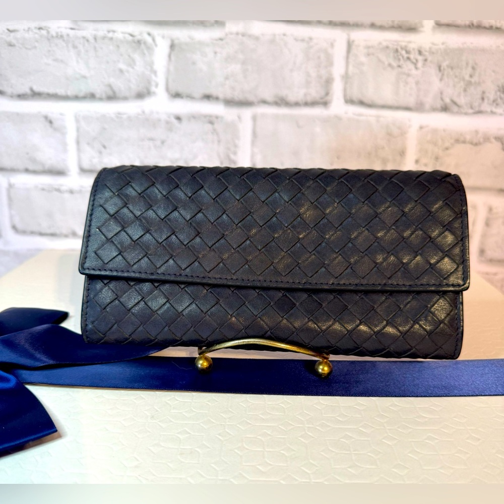 Bottega Veneta Dark Blue Intrecciato Leather Continental Flap Wallet
